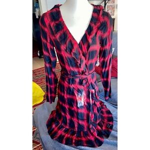 NWT $99 Buffalo David Button Lng-slv Knee-length Red Plaid Wrap Dress, Sz S